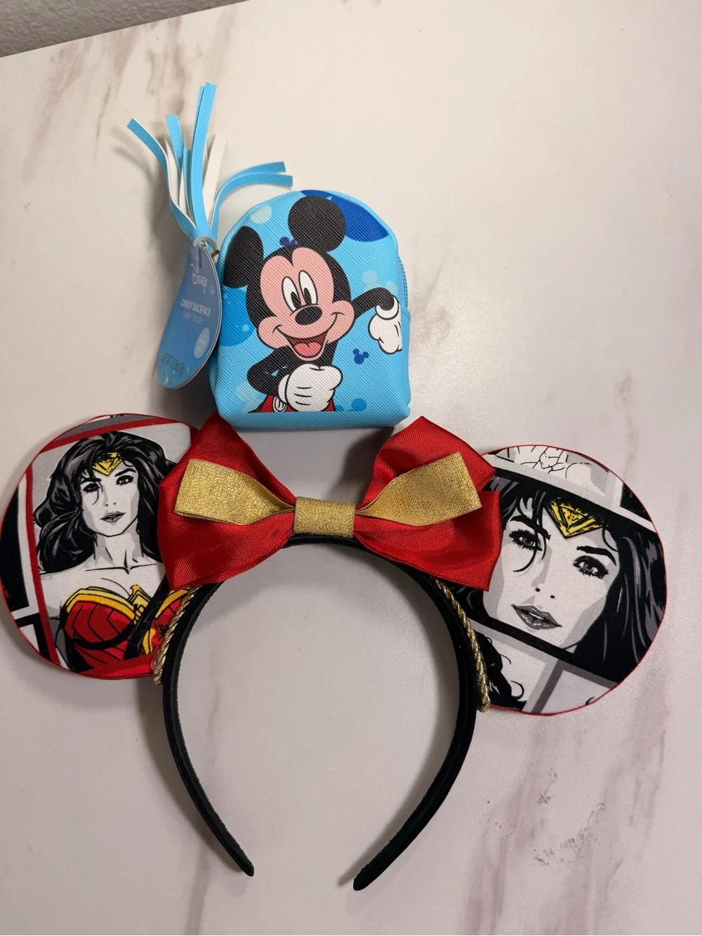 Wonder Woman x Mickey Kids Costume Ear Headband with Red & Gold Bow